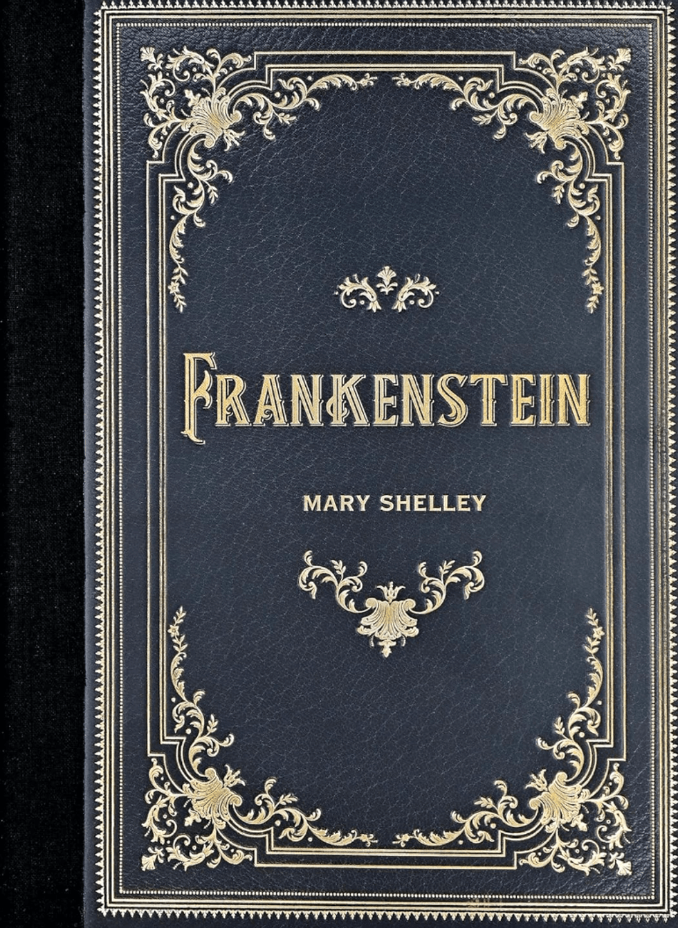 Ornate "Frankenstein" book cover in navy and gold detailing.