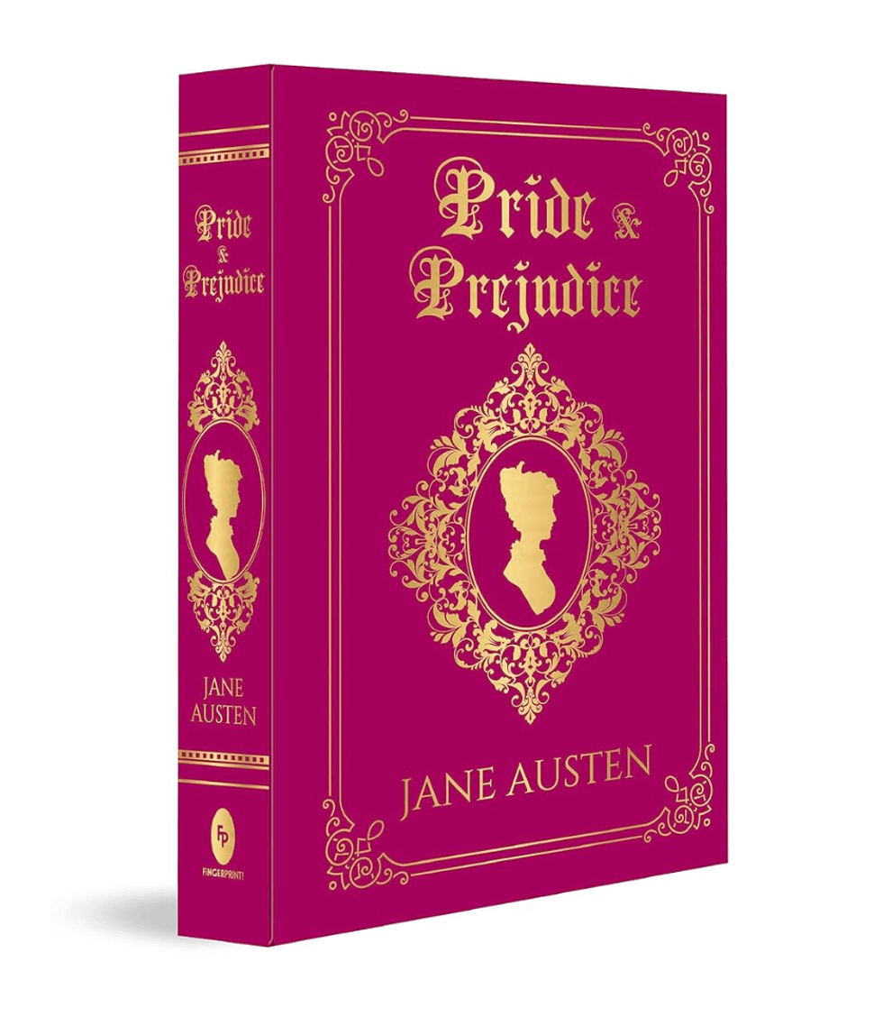 Ornate maroon "Pride and Prejudice" book cover with gold silhouettes and accents.