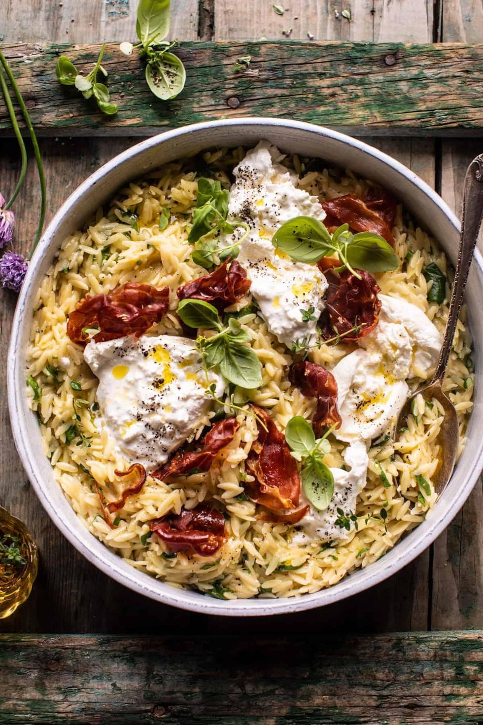 Orzo Carbonara With Crispy Prosciutto and Burrata