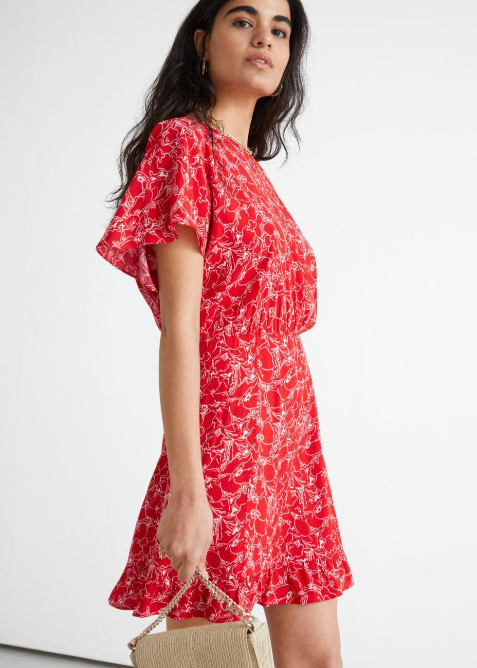 & other stories red floral ruffle mini dress