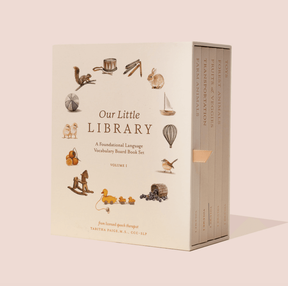 "Our Little Library" language board book set with illustrated animals and objects on cover.