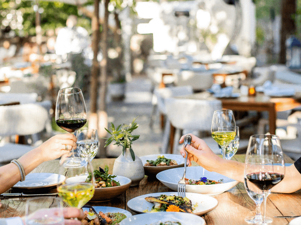 Outdoor dining scene with people toasting wine and eating gourmet dishes.