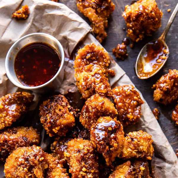 Oven Fried Southern Hot Honey Popcorn Chicken