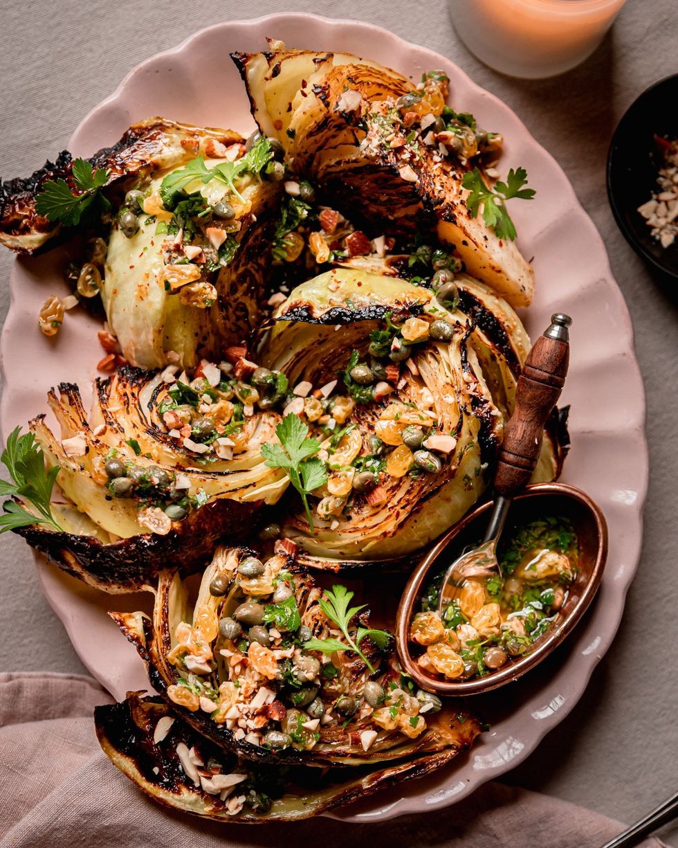 Oven-Roasted Cabbage Wedges with Caper Raisin Relish