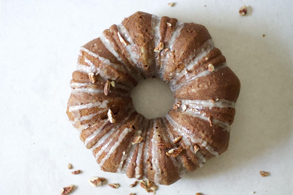 Overhead view of Fall Cider Pumpkin Pecan Cake