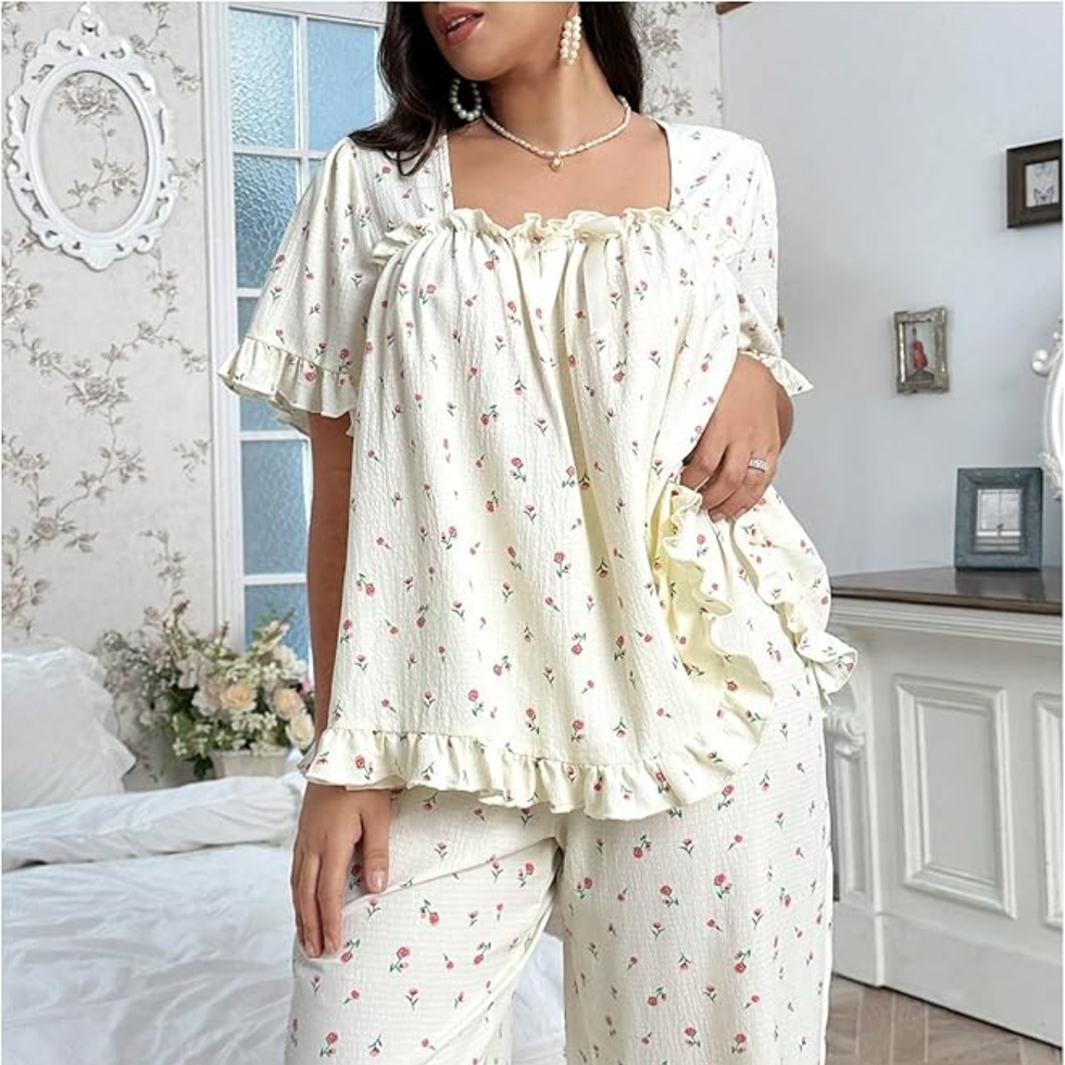Oyoangle Plus Size Floral Sleepwear Lounge Set