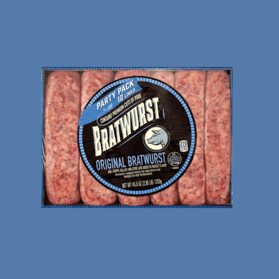 Pack of 12 original bratwurst sausages in a plastic tray with a circular label on top.