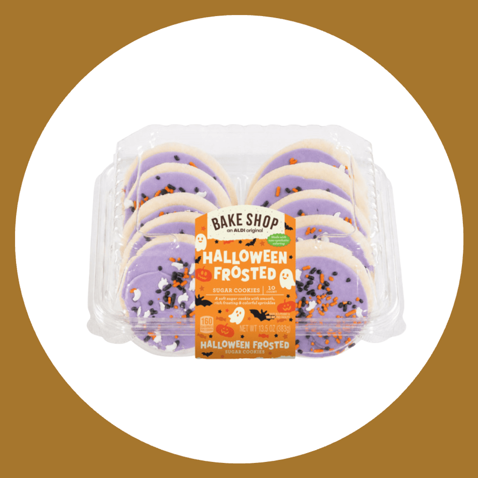 Pack of Halloween-themed purple frosted sugar cookies with festive sprinkles.