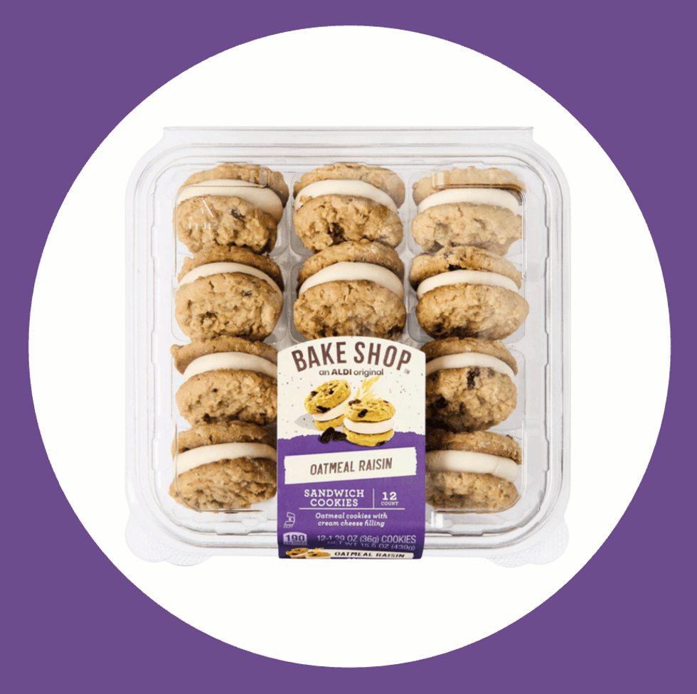 Pack of oatmeal raisin sandwich cookies with cream filling.
