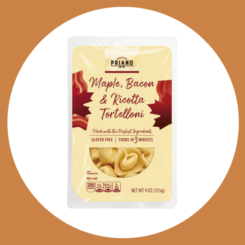 Pack of Priano Maple, Bacon & Ricotta Tortelloni; gluten-free, cooks in 3 minutes.