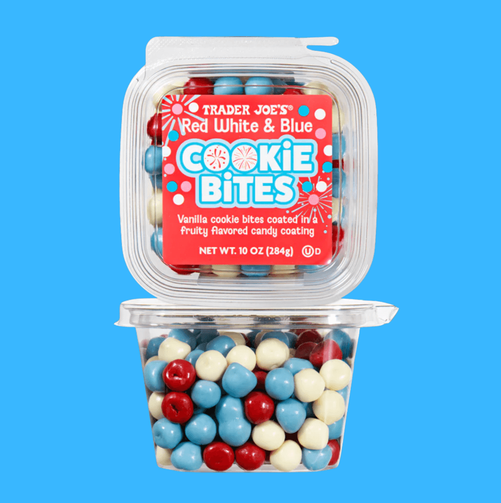 Pack of red, white, and blue cookie bites on a blue background.