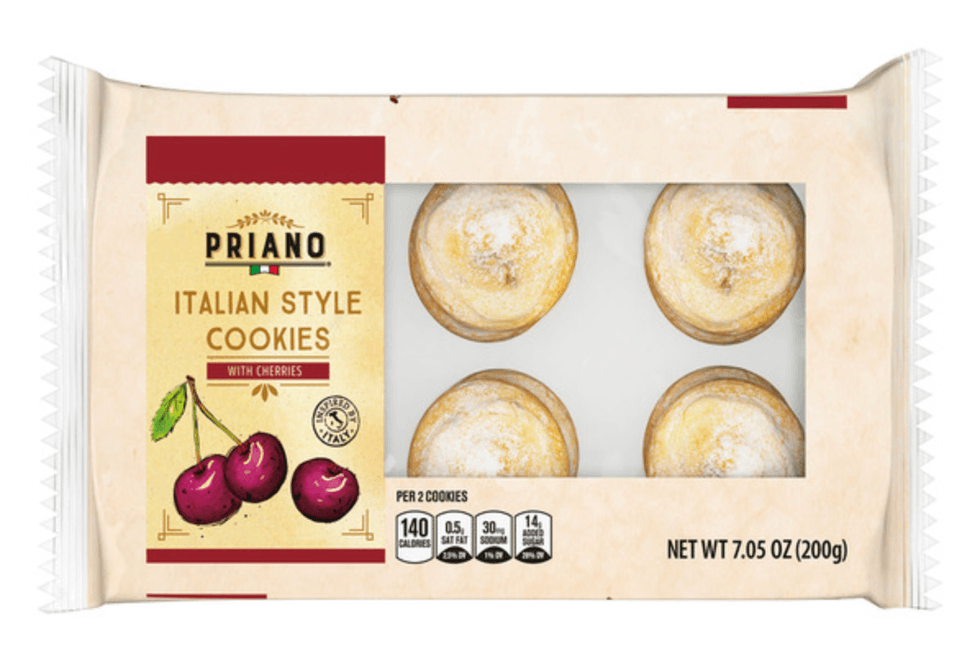 Package of Priano Italian style cookies with cherries, four cookies visible through a clear window.
