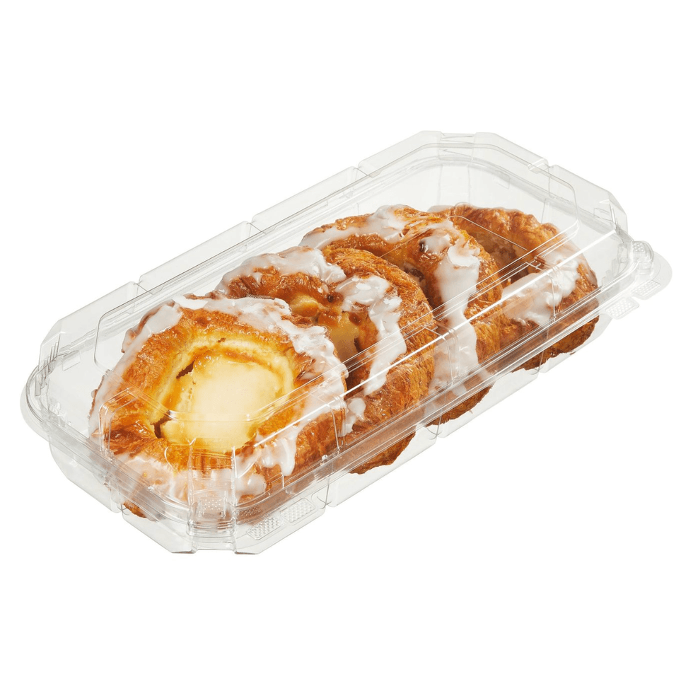 Packaged glazed danishes in a clear plastic container.