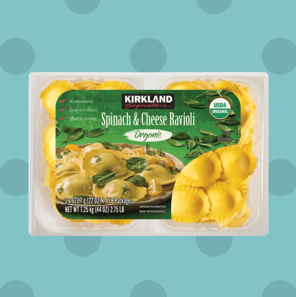 Packaged organic spinach and cheese ravioli on a polka dot background.