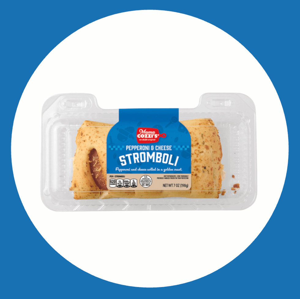 Packaged pepperoni and cheese stromboli against a blue and white circle background.