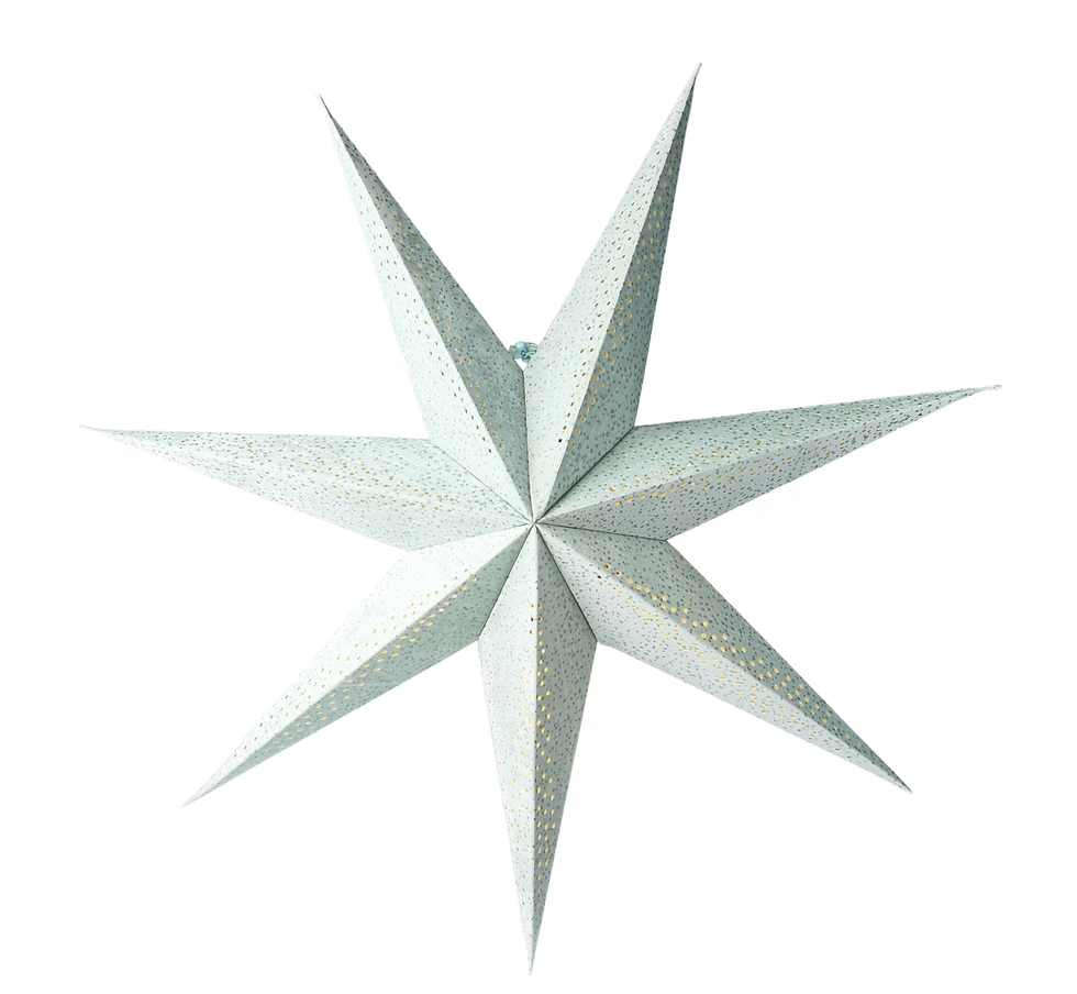 Pale blue eight-point paper star lantern with tiny gold perforations.