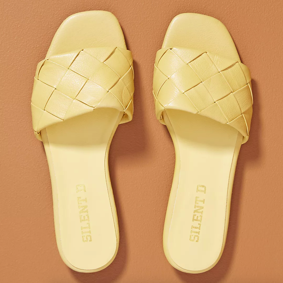 pale yellow woven slides