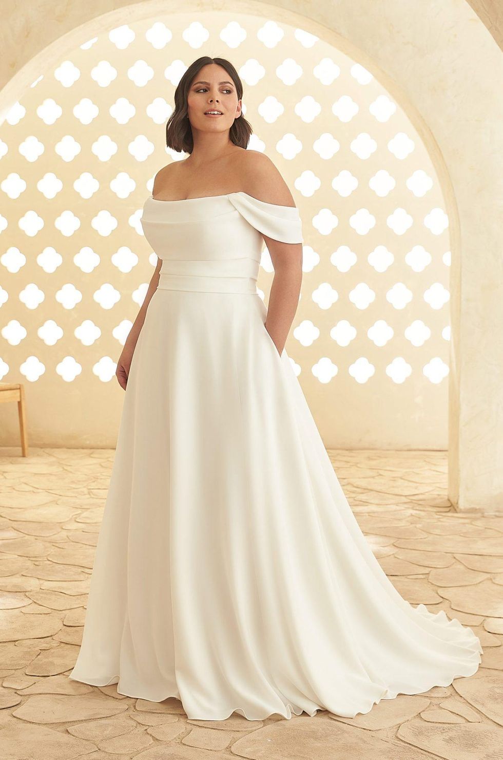 Paloma Blanca Off The Shoulder Ball Gown Wedding Dress with Draped Bodice