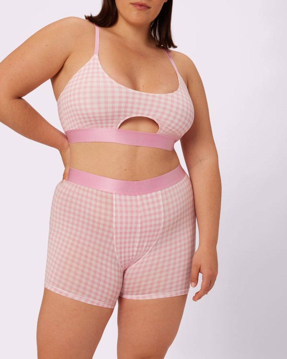 Parade Peekaboo Scoop Bralette and the Free Comfort Boxer Brief in Bubble Gum Gingham