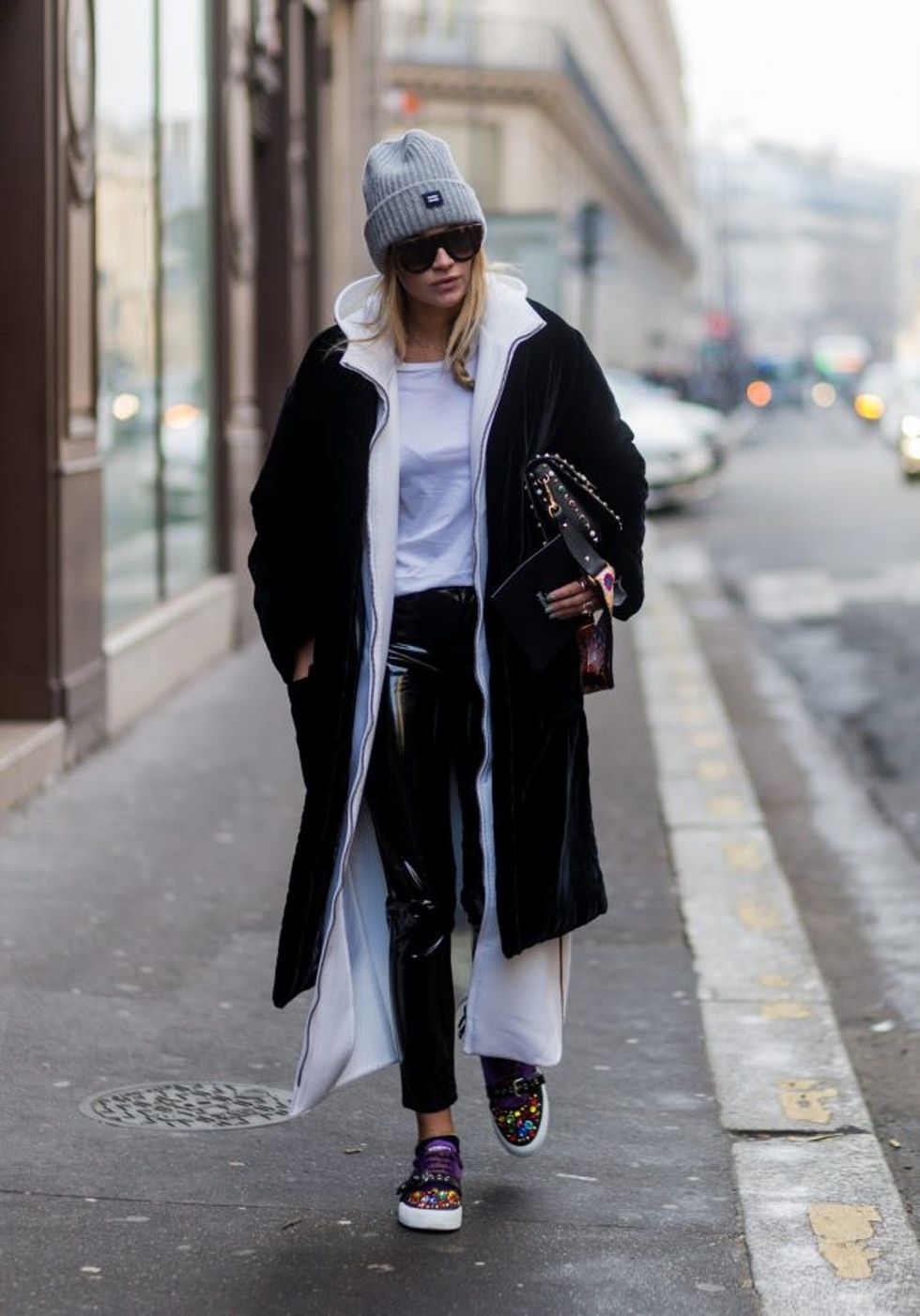 PARIS, FRANCE - JANUARY 24: Nina Suess wearing grey beanie, Valentino bag, PVC pants outside Alexis Mabille on January 24, 2017 in Paris, Canada. (Photo by Christian Vierig/Getty Images)
