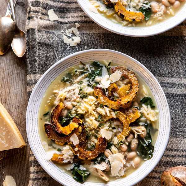 Parmesan White Bean Chicken Soup with Roasted Delicata Squash