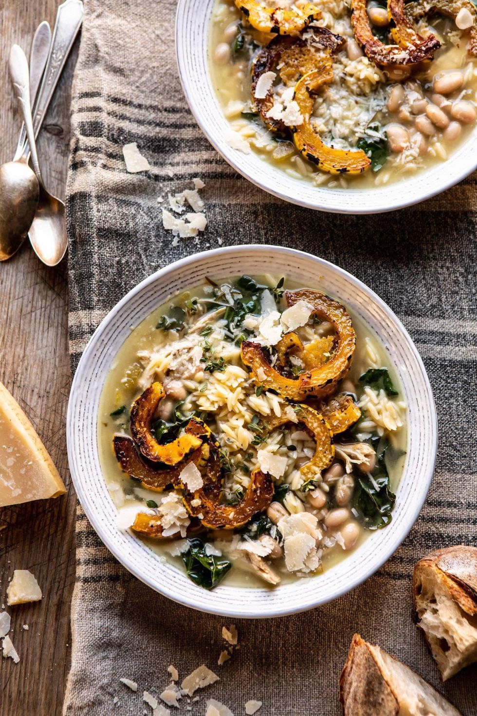 Parmesan White Bean Chicken Soup with Roasted Delicata Squash