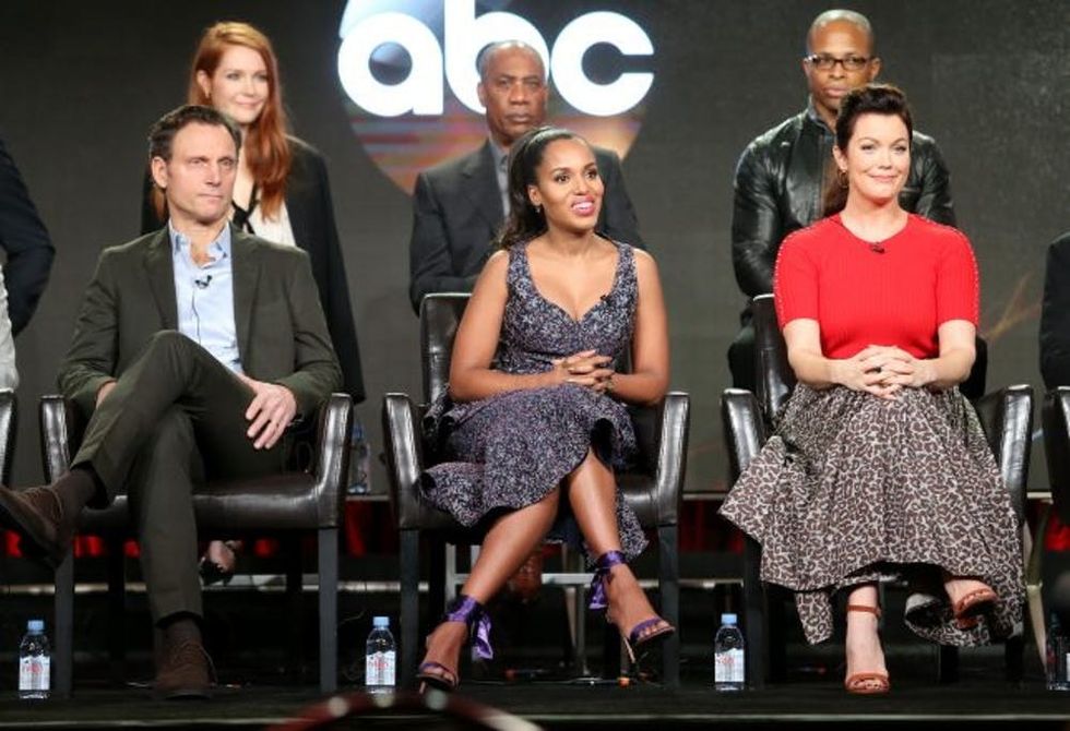 PASADENA, CA - JANUARY 10: (Top L-R) Actors Darby Stanchfield, Joe Morton, and Cornelius Smith Jr., and (Bottom L-R) actors Tony Goldwyn, Kerry Washington, and Bellamy Young of the television show 'Scandal' speak onstage during the Disney-ABC portion of the 2017 Winter Television Critics Association Press Tour at Langham Hotel on January 10, 2017 in Pasadena, California. (Photo by Frederick M. Brown/Getty Images)