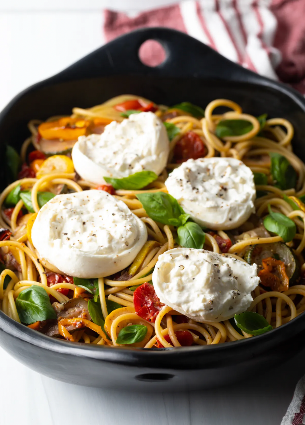 Pasta Burrata with Roasted Summer Vegetables