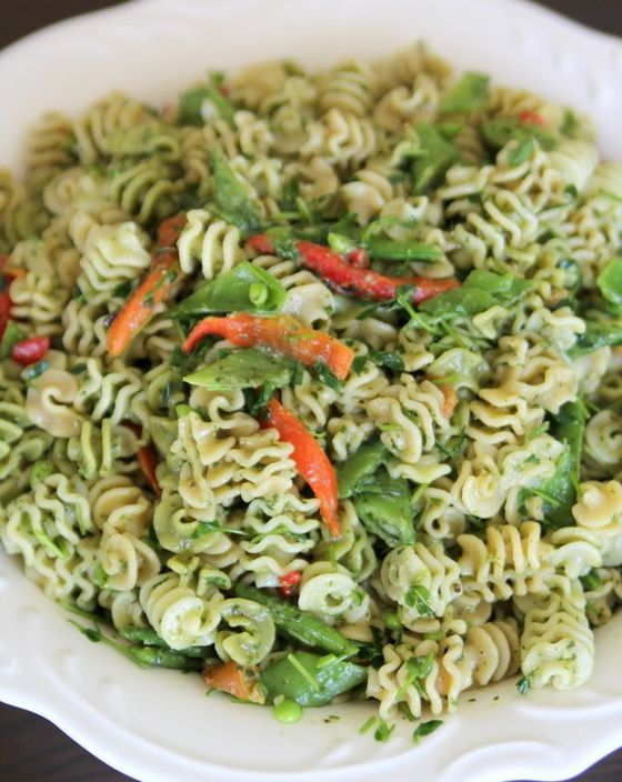 Pasta with Pea Shoots, Snow Peas and Pesto