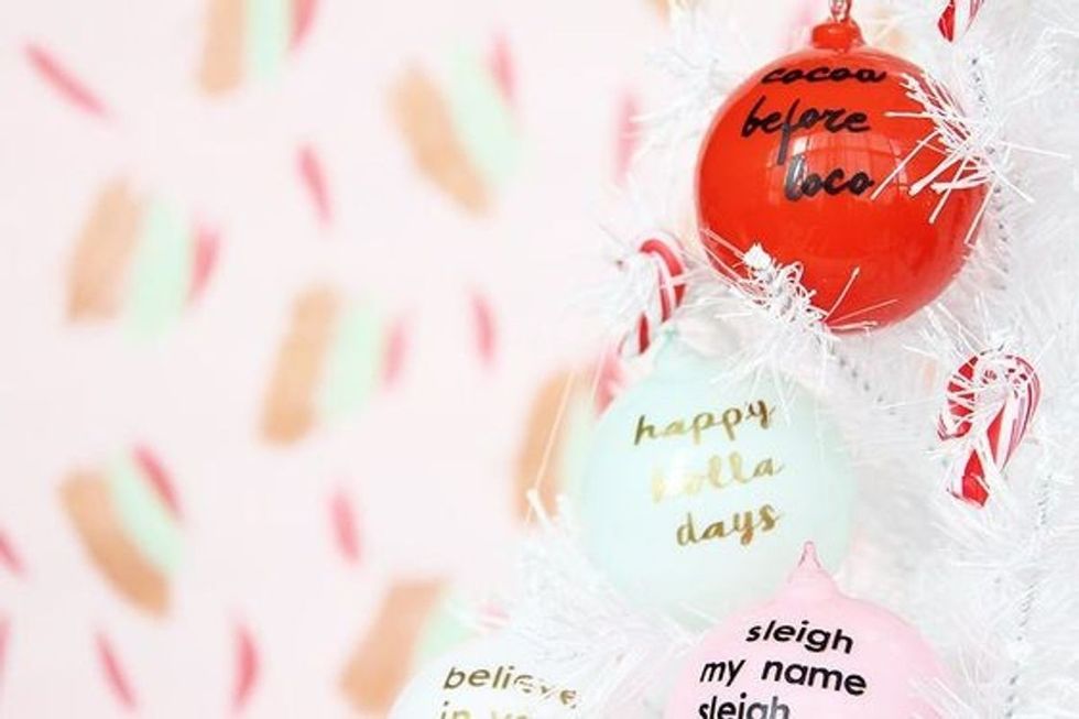 pastel christmas tree ornaments with puns on them