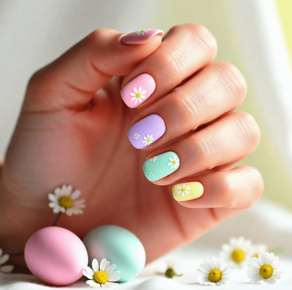 Pastel nails with daisy design, holding painted eggs, surrounded by daisies.