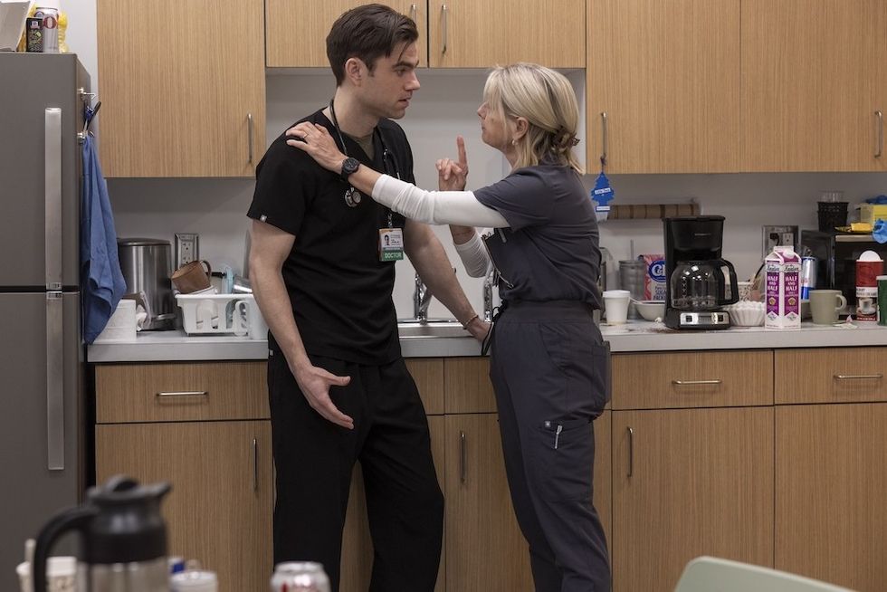 Patrick Ball and Katherine LaNasa in 'The Pitt'