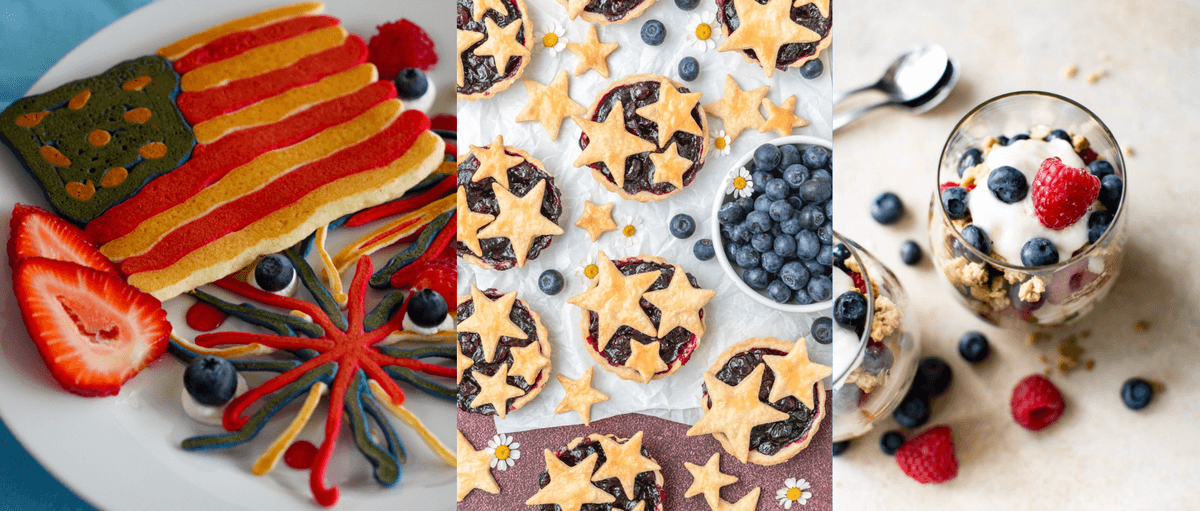 Patriotic dessert trio: flag pancakes, star pies, and berry parfaits with blueberries and raspberries.