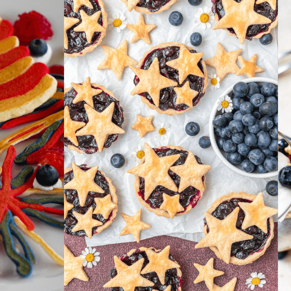 Patriotic dessert trio: flag pancakes, star pies, and berry parfaits with blueberries and raspberries.