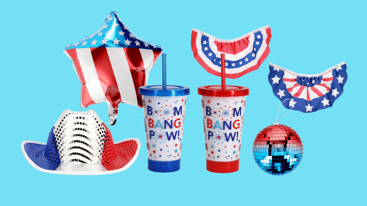 Patriotic items: star balloon, hats, cups, bunting, and disco ball on a blue background.