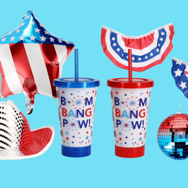 Patriotic items: star balloon, hats, cups, bunting, and disco ball on a blue background.