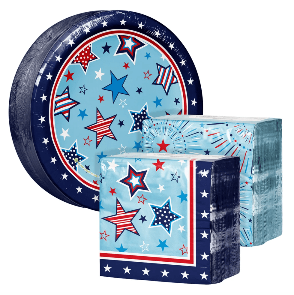 Patriotic-themed plate and napkins with blue and red stars.