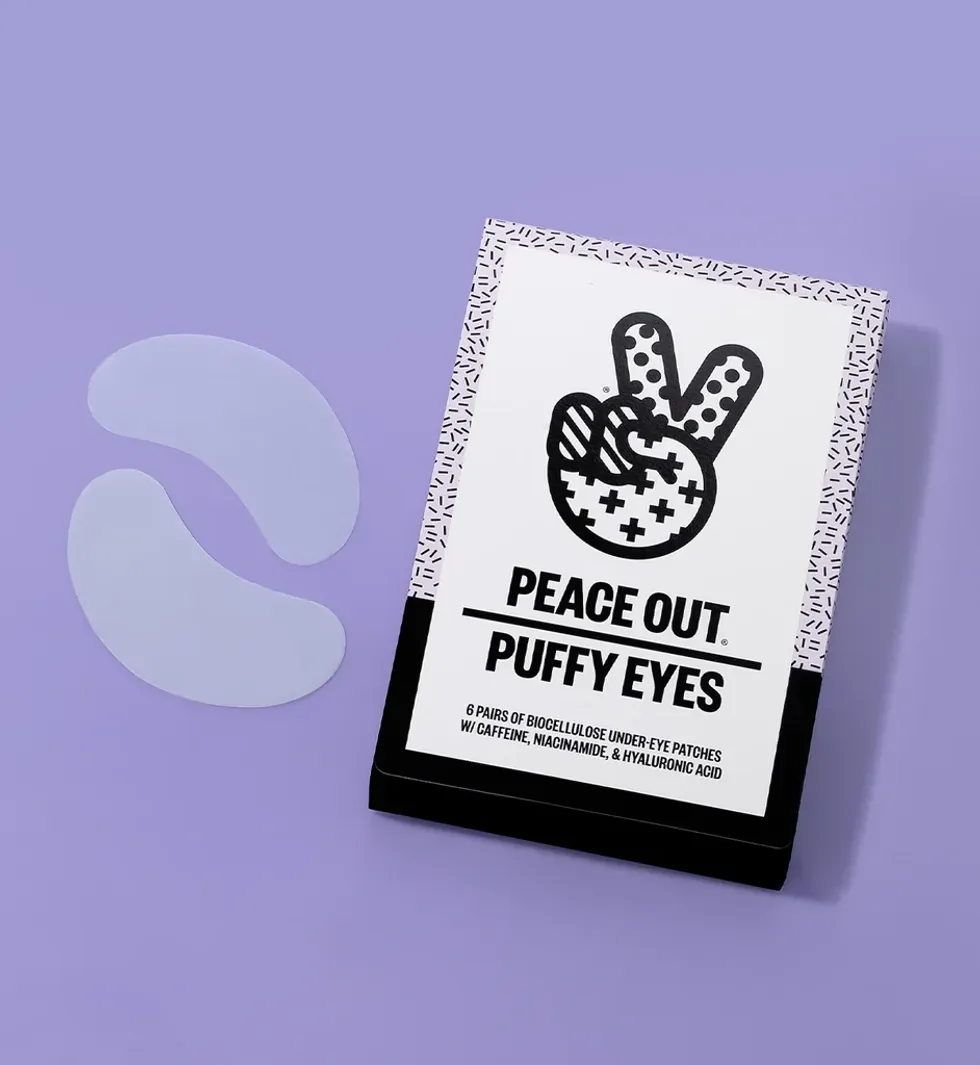 Peace Out Puffy Eyes packaging is shown next to a pair of them.