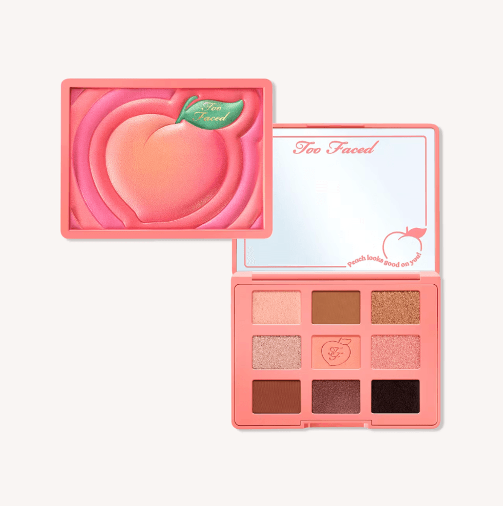 Peach-themed eyeshadow palette with nine shades and a mirror inside.
