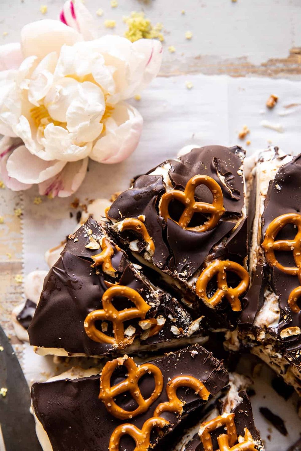 Peanut Butter Cake Recipe With Chocolate Fudge + Pretzels