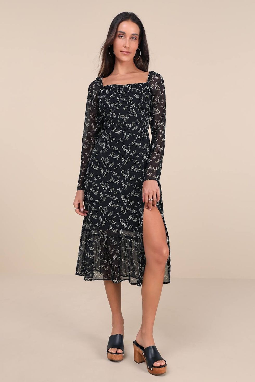Perfectly Elevated Black Floral Long Sleeve Midi Dress