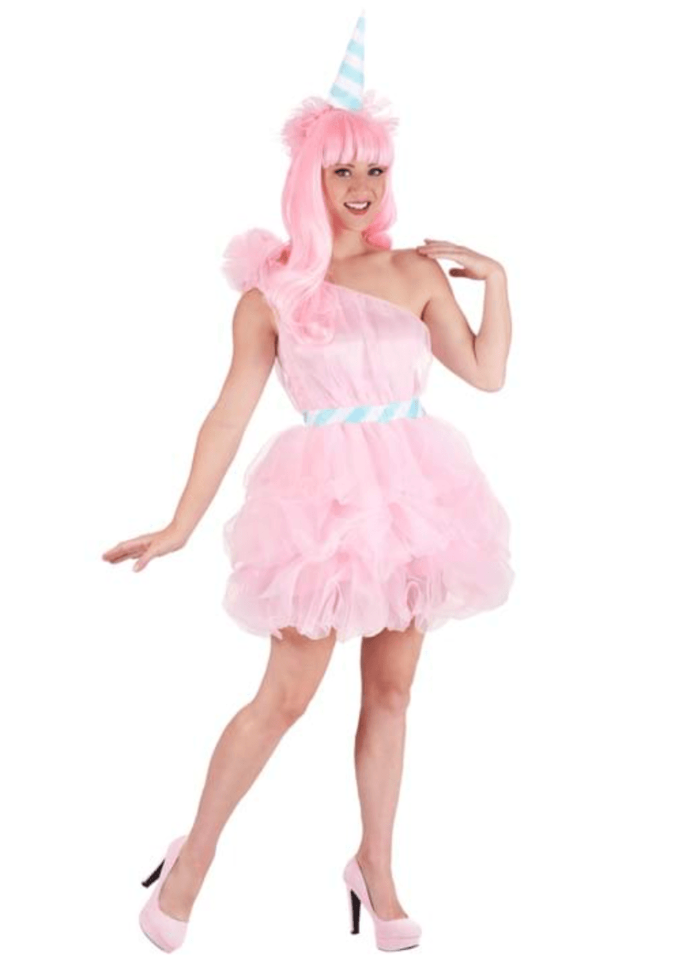 Person in a pink fluffy dress, matching wig, and unicorn horn, posing playfully.