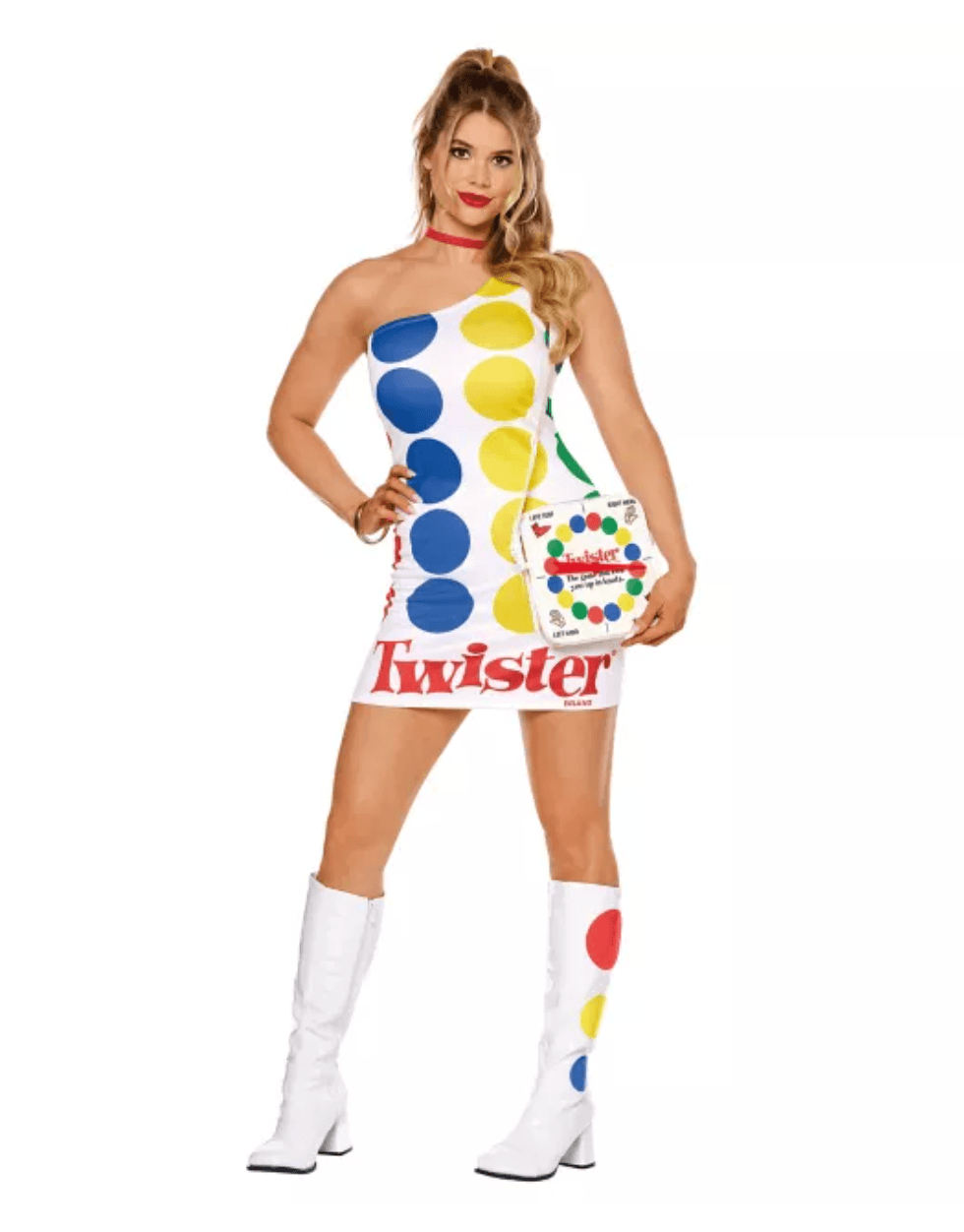Person in a Twister-themed dress and boots, holding a matching purse with colorful dots.