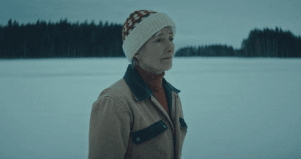 Person in a winter jacket and hat standing in a snowy landscape with trees in the background.