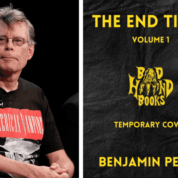 Person in "American Vampire" shirt; next to "The End Times" book cover.