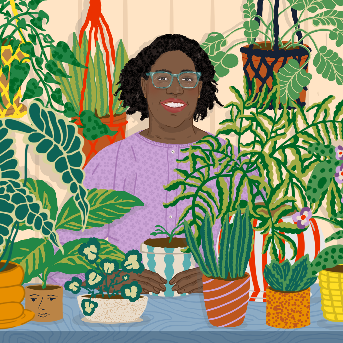 Person in glasses smiles amidst a variety of potted houseplants.