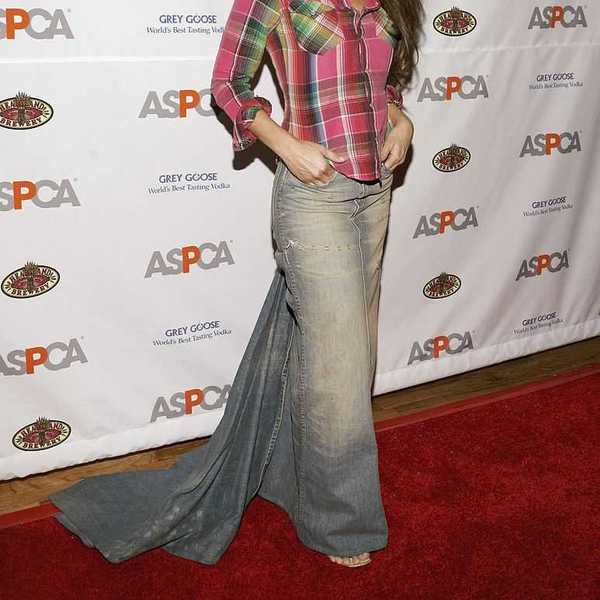 Person in plaid shirt and unique long jeans skirt on ASPCA event red carpet.