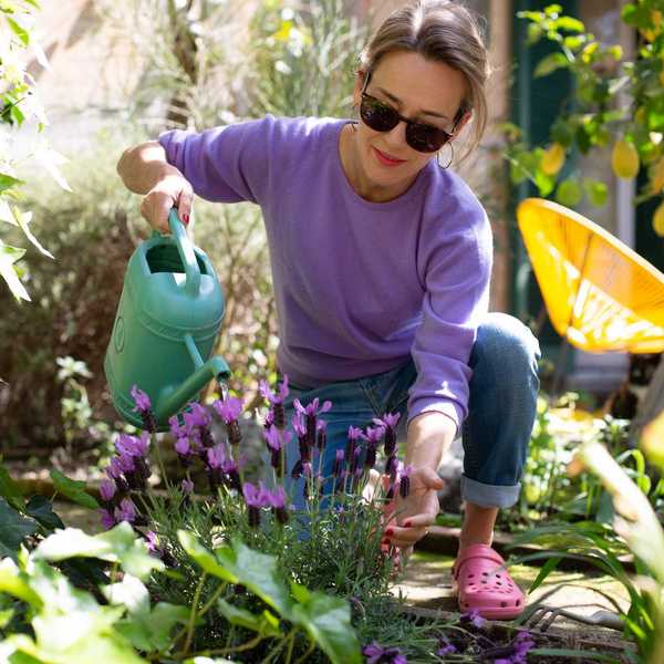 Person watering purple flowers in a garden, wearing sunglasses and a purple sweater.