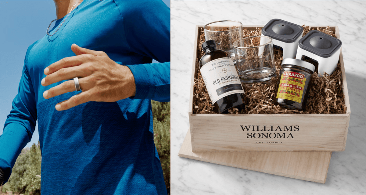 Person wearing blue shirt; Williams Sonoma cocktail kit with cherries and glasses.