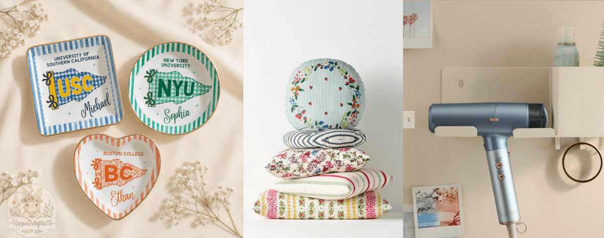 Personalized university dishes, patterned pillows, and a mounted hair dryer.